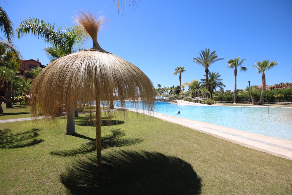 brown parasol beside large pool at daytime