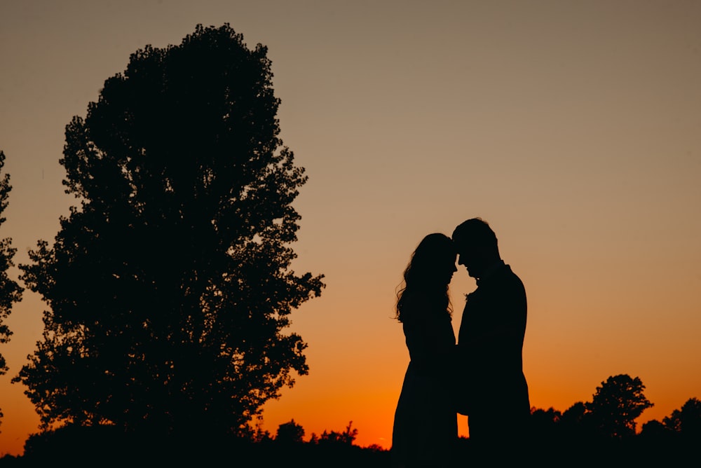Silhouette of two person near tree