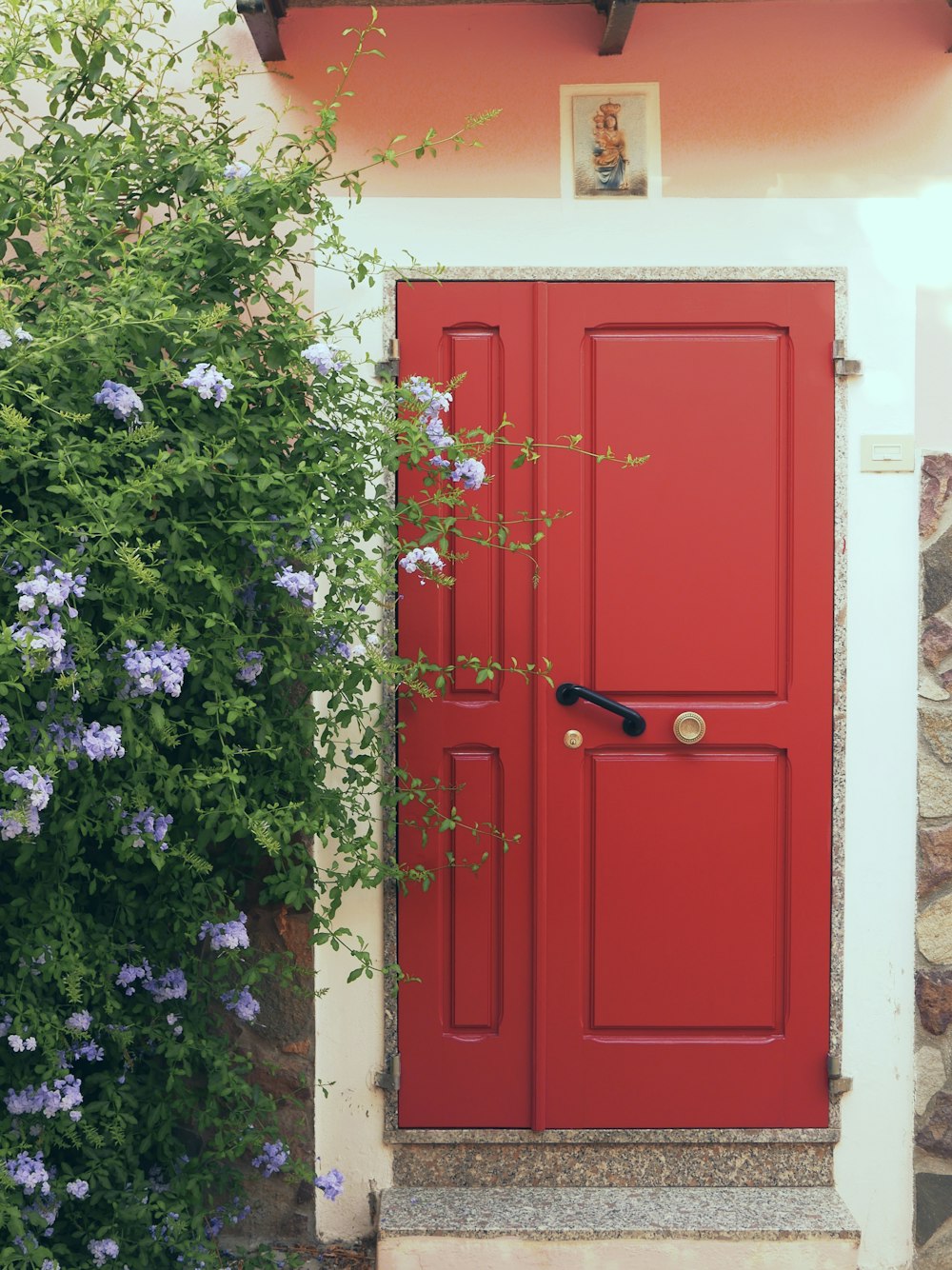 red wooden 2-panel door