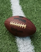 A close-up of an American football placed on a green artificial turf field. The football is positioned across a white line on the field, with the logo displayed prominently.