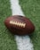 A close-up of an American football placed on a green artificial turf field. The football is positioned across a white line on the field, with the logo displayed prominently.