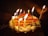 Close-up of a birthday cake with lit candles surrounded by festive decorations.