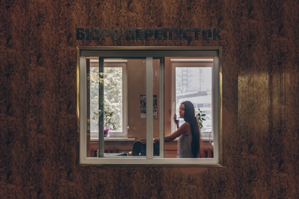 A woman with long dark hair is visible through a glass window, appearing to be inside an office or reception area. The interior is lightly illuminated, and there is a potted plant on the windowsill. The wall surrounding the window has a textured, dark brown finish, and there is a Russian sign above the window.