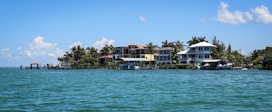 A row of beachfront houses lined along a tranquil body of water, with palm trees scattered among the properties. The sky is mostly clear with a few scattered clouds, and the water is calm with small waves lapping gently against the shore.