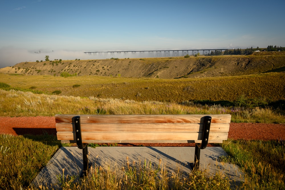 brown wooden bench with no people in green field during daytime