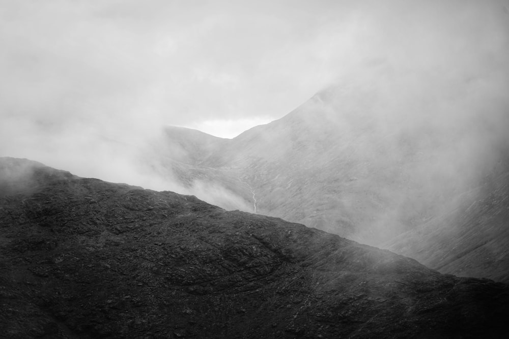 greyscale photography of mountain