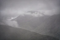 A minimalist mountain scene with misty layers, evoking calm and contemplation.
