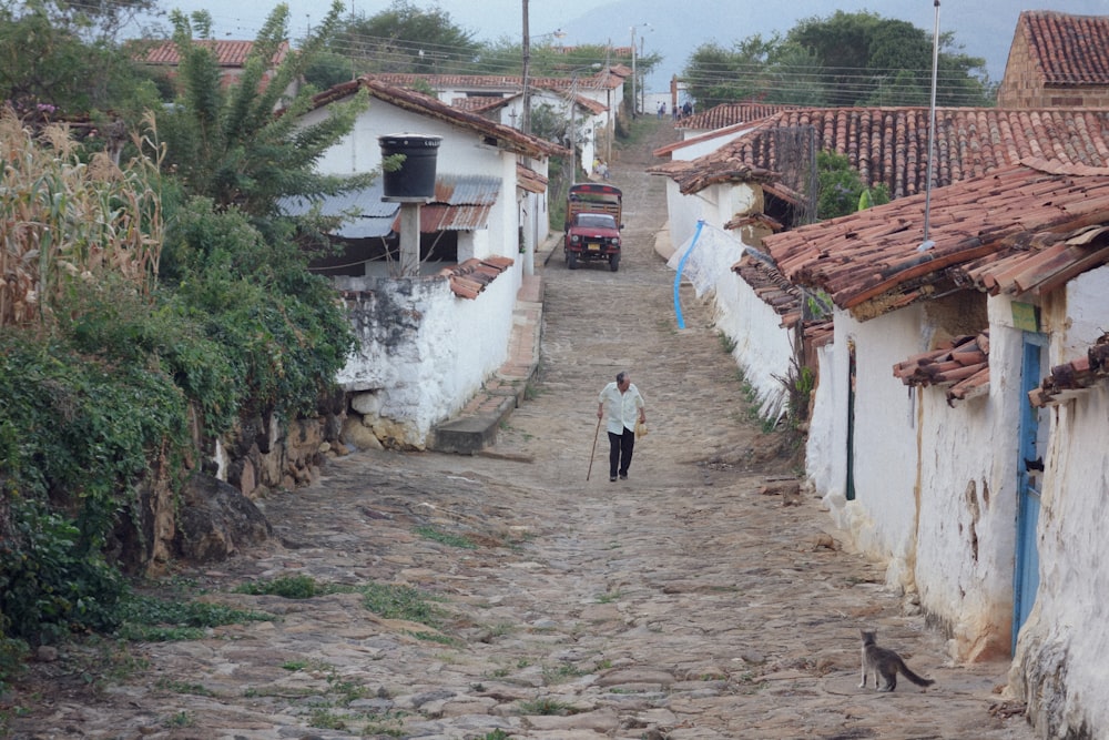 man on pathway near houses