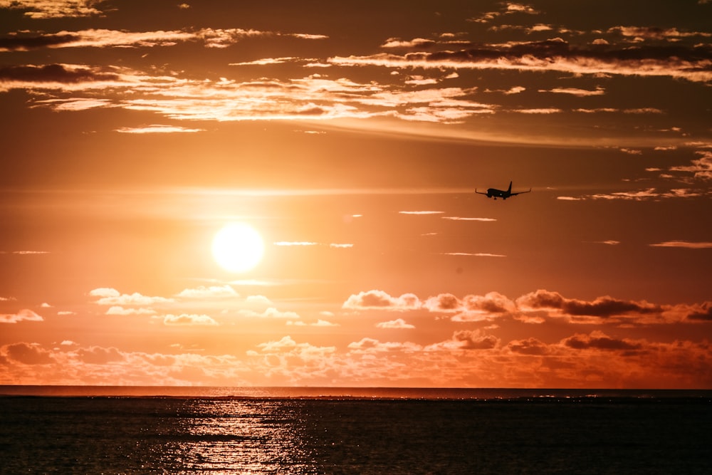 Flugzeug in der Luft während des Sonnenuntergangs