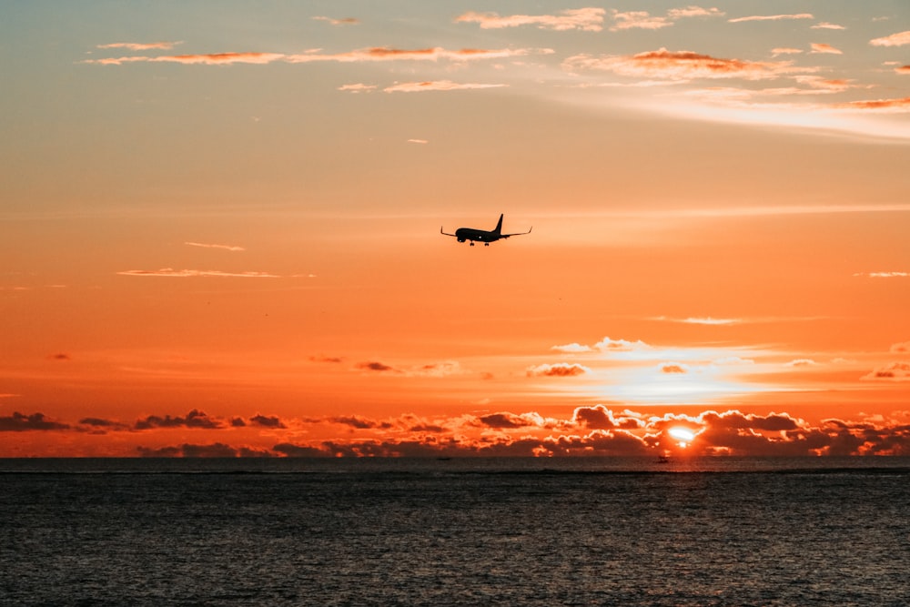 Avión en el aire sobre la masa de agua