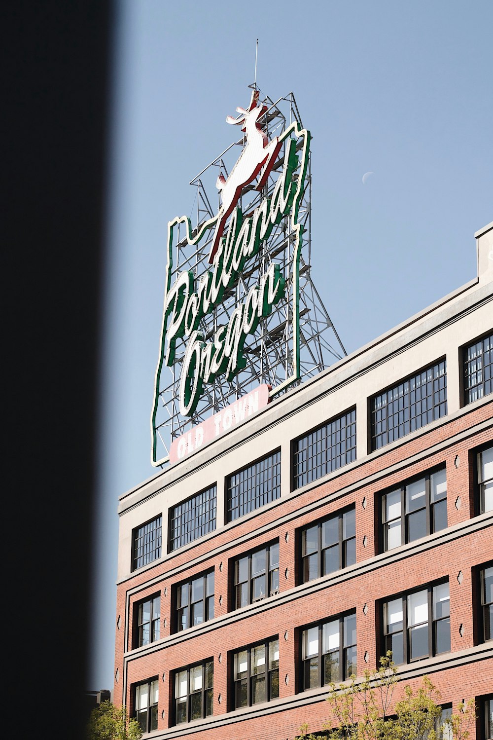 Portland Oregon metal banner on building
