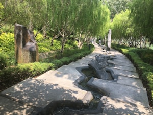 A well-maintained path in a garden is lined with lush green trees and bushes. The path is made of concrete with irregularly shaped stone structures integrated into its design. The path appears to gently slope downward and is interspersed with shadows from the surrounding trees, creating a dappled light effect.