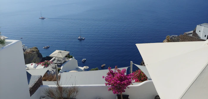 Boats near the shore of a Greek island