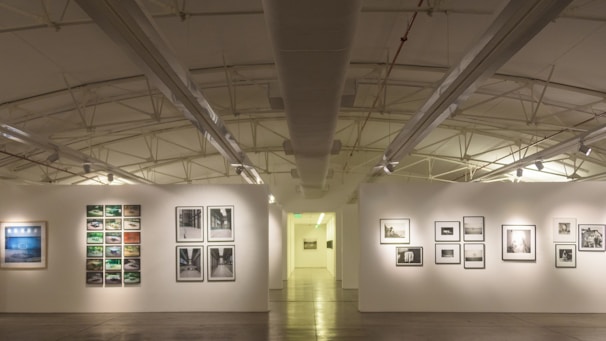 A serene gallery space with white walls, soft lighting, and a mix of digital and traditional artworks displayed asymmetrically.