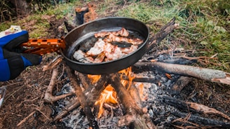 A person wearing a glove holds a frying pan filled with strips of bacon over a campfire made from wooden logs. The flames lick the bottom of the pan, and the scene is set outdoors on a grassy area surrounded by green vegetation.