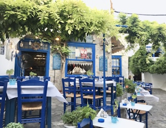 A charming outdoor restaurant area with blue wooden chairs and white tables, set in a quaint stone courtyard. Green vines and plants create a natural canopy overhead, providing shade and a cozy atmosphere. The stone walls in the background feature decorative blue windows and doors, complementing the vibrant Mediterranean style.