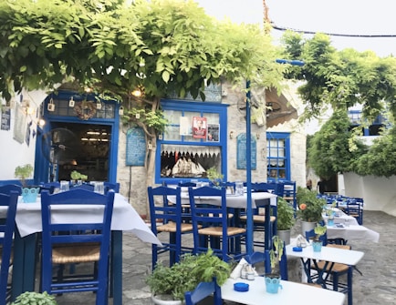 A charming outdoor restaurant area with blue wooden chairs and white tables, set in a quaint stone courtyard. Green vines and plants create a natural canopy overhead, providing shade and a cozy atmosphere. The stone walls in the background feature decorative blue windows and doors, complementing the vibrant Mediterranean style.