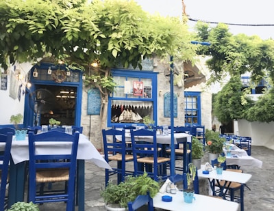 A charming outdoor restaurant area with blue wooden chairs and white tables, set in a quaint stone courtyard. Green vines and plants create a natural canopy overhead, providing shade and a cozy atmosphere. The stone walls in the background feature decorative blue windows and doors, complementing the vibrant Mediterranean style.