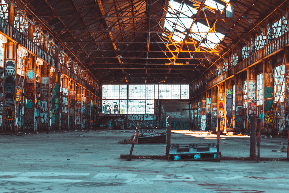 empty warehouse with graffiti
