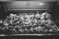 Rows of raw poultry are displayed inside a refrigerated glass case, each labeled with tags indicating price and type. The black and white image conveys a sense of a traditional butcher shop or market setting, emphasizing the variety of meats available for purchase.