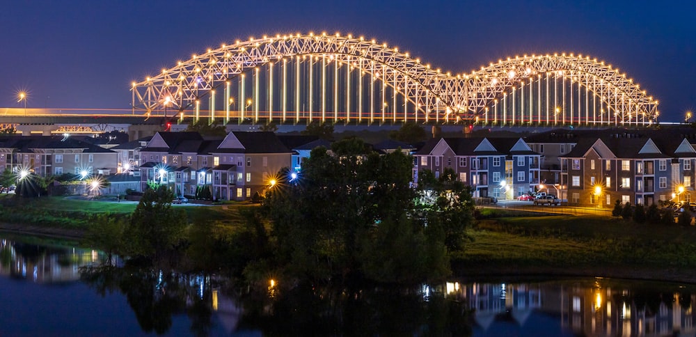 turned-on lights of bridge at nighttime