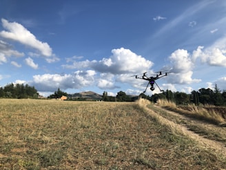 black drone near green field viewing mountain under blue and white skies during daytime