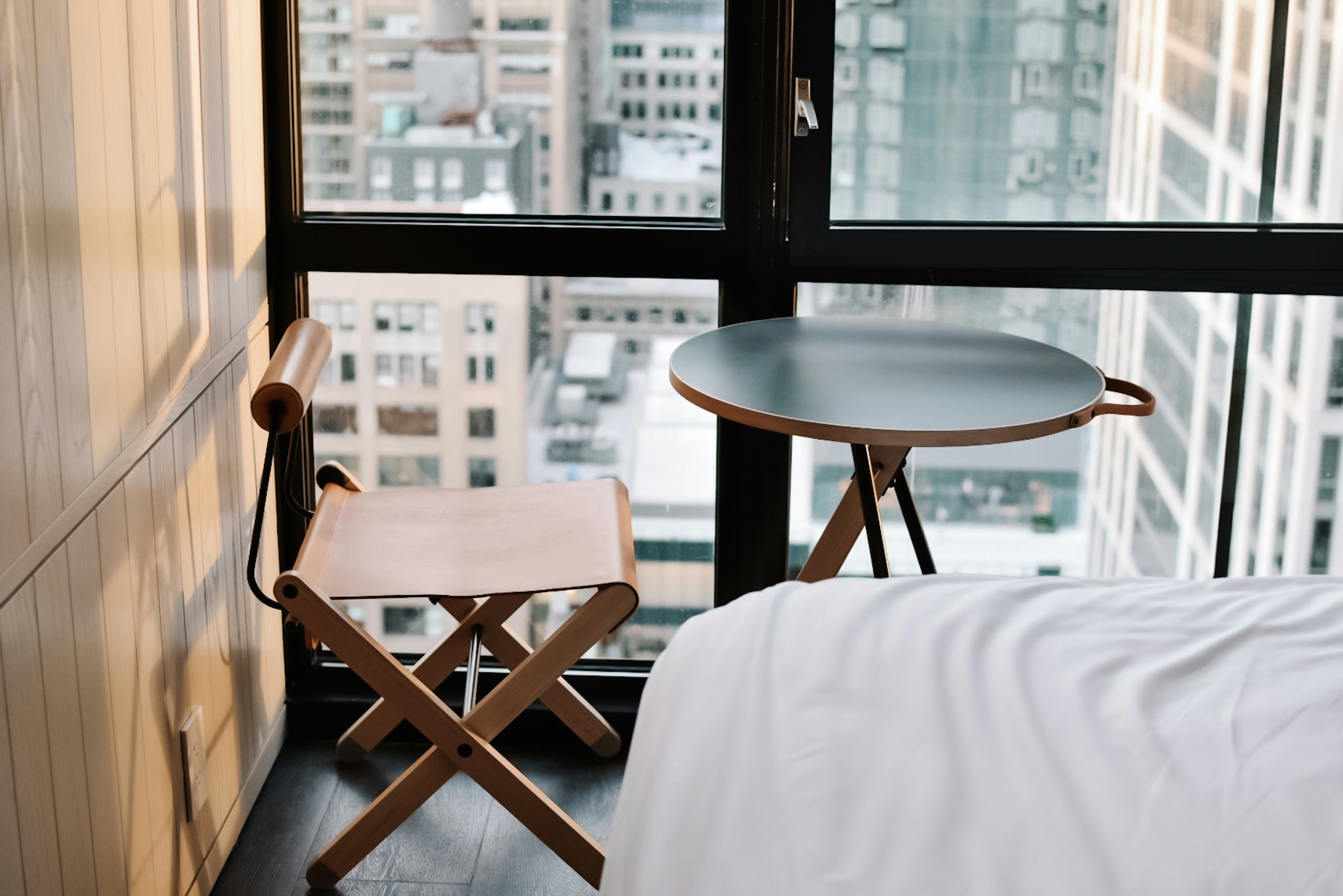 Boutique hotel bedroom interior.