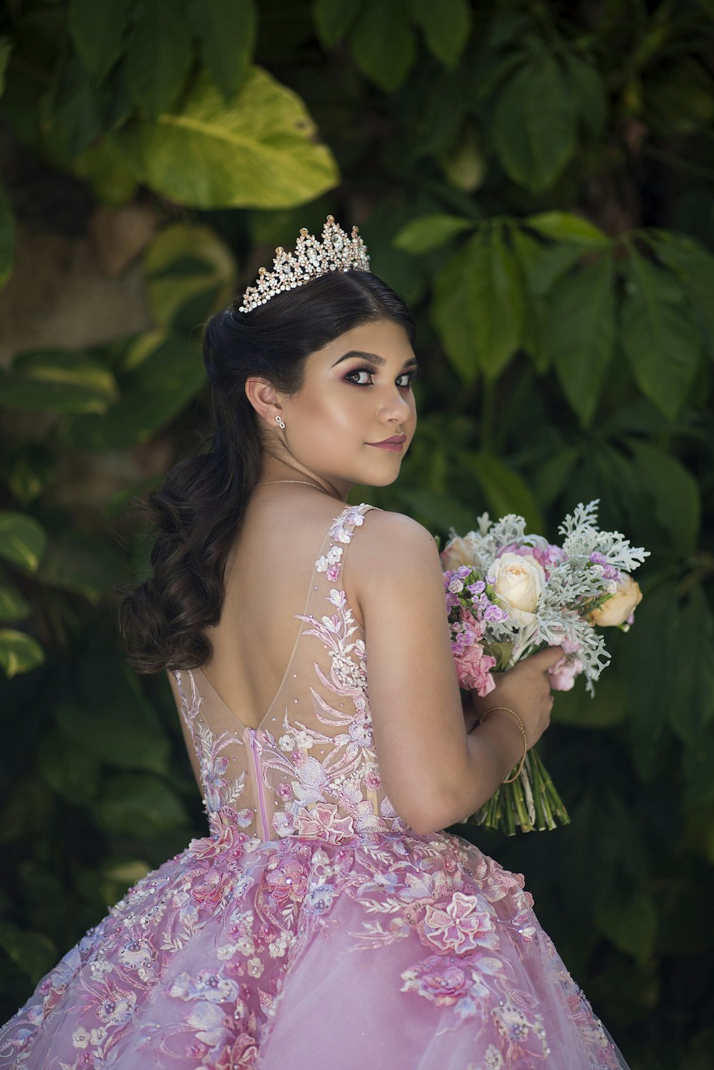 woman in pink floral dress