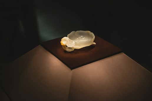 A delicate, translucent sculpture resembling a small bird with wings folded sits on a dark surface under soft lighting. The object has an ethereal glow and appears to be made of glass or a similar material.