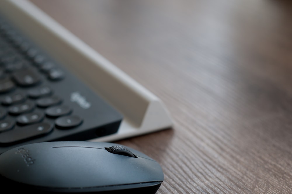 a computer mouse sitting next to a keyboard