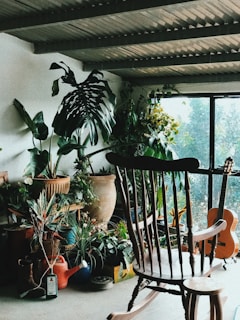 A cozy nook filled with plants, soft textiles, and a guitar leaning against a chair.