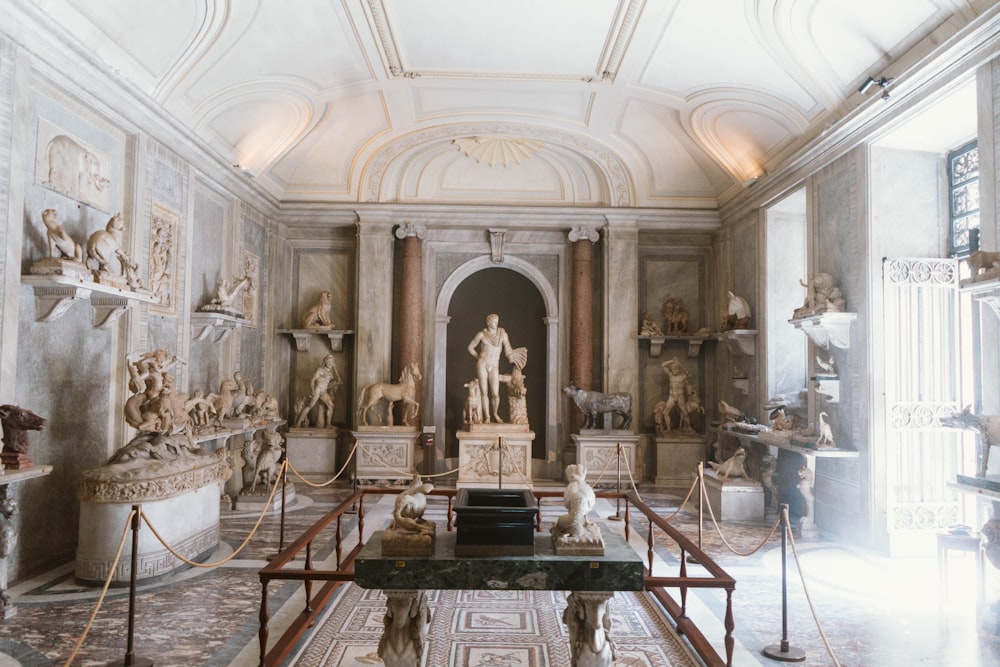 interior of a white and brown museum room
