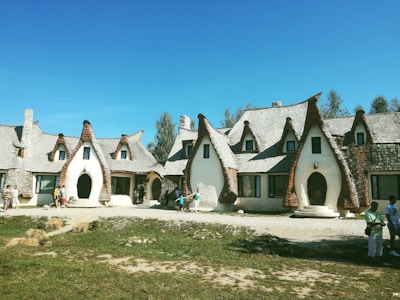A series of whimsical, storybook-like houses with conical roofs and rustic detailing stand under a clear blue sky. The architecture is reminiscent of fantasy or fairy-tale settings. People can be seen walking around, adding a lively element to the scene. The surrounding area is grassy with some scattered patches of dirt.