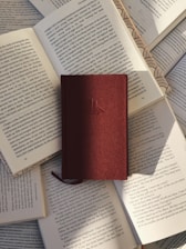 A hardcover book with a maroon cover rests on top of several open books with visible text. The pages of the open books are arranged in a slightly scattered pattern, creating a layered effect. Sunlight casts soft shadows across the books, highlighting the textures of the paper and the cover.