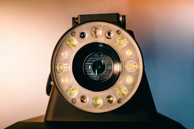 Close-up of the trailer’s camera array with AI detection lights glowing softly.