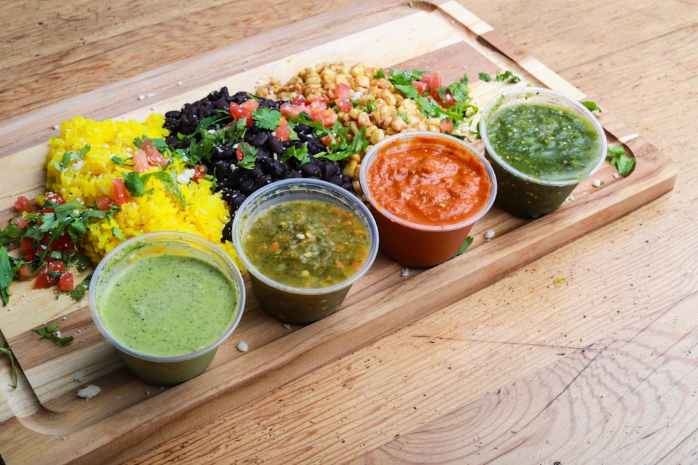 tray of food on wooden surface