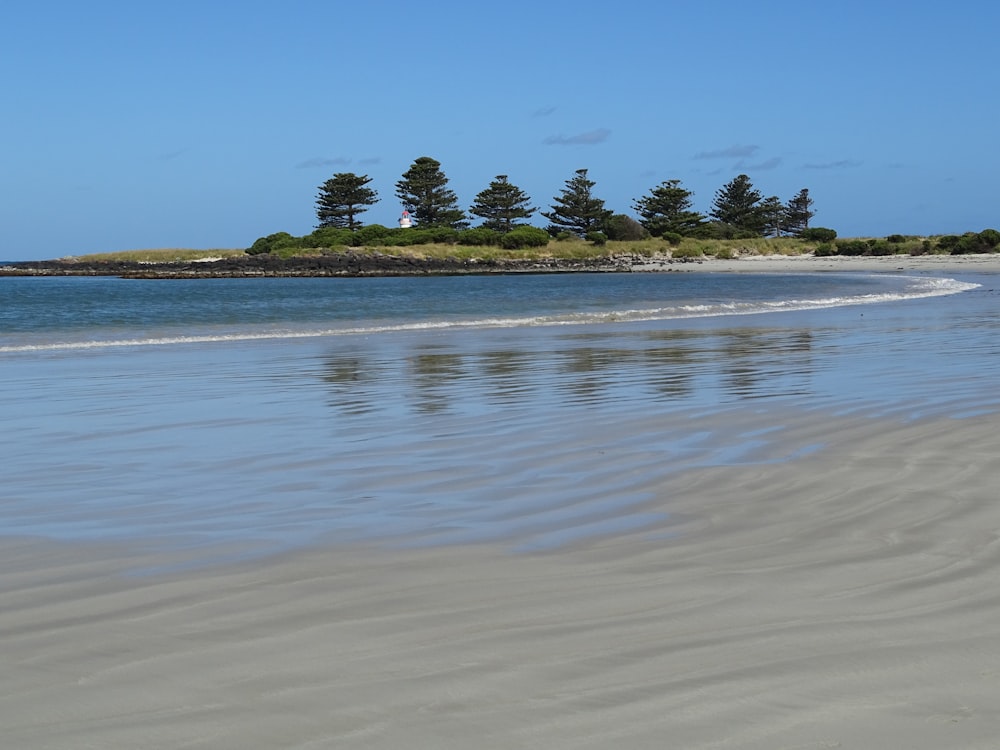 uma praia de areia com uma pequena ilha ao longe