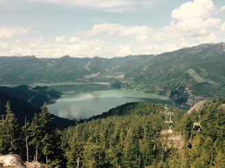A scenic landscape featuring a large, calm lake surrounded by lush green forests and mountains under a partly cloudy sky. Cable cars are seen traversing from one side of the forest to another, providing a clear view of the beautiful natural setting.