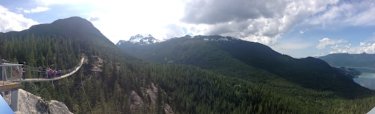 A panoramic view of a mountainous landscape with dense, green forests covering the hills. A suspension bridge stretches across the scene with people walking on it. Snow-capped peaks can be seen in the background, beneath a partly cloudy sky.