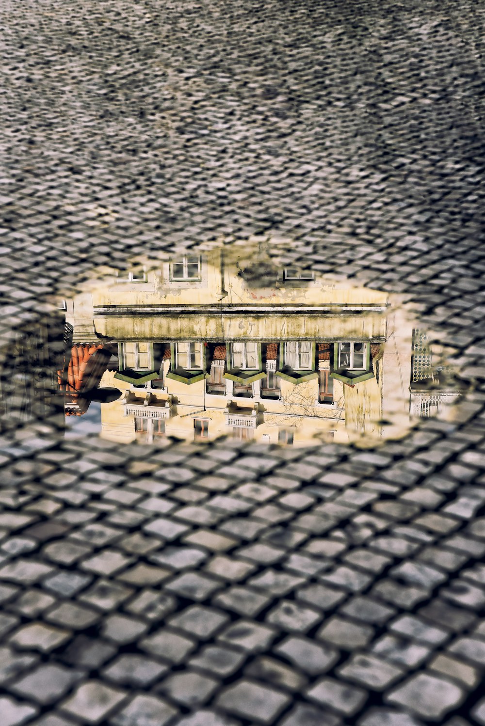 a reflection of a building in a puddle of water