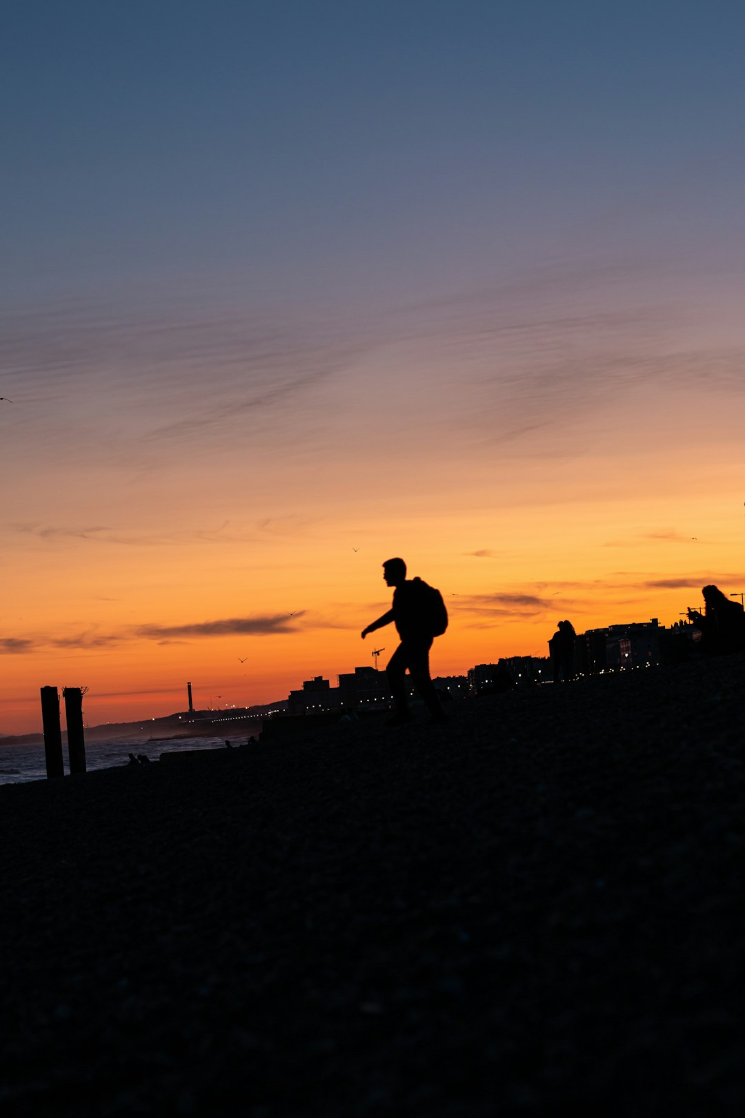 silhouette of man walking on seashore