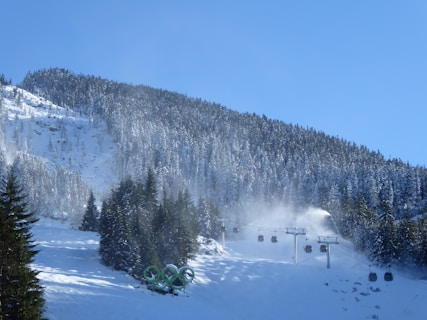 A snow-covered mountain landscape with a dense forest of fir trees. Ski lift cables with gondolas are visible, transporting people across the snowy terrain. The iconic Olympic rings are prominently displayed among the trees. The sky is clear and blue, highlighting the serene winter setting.
