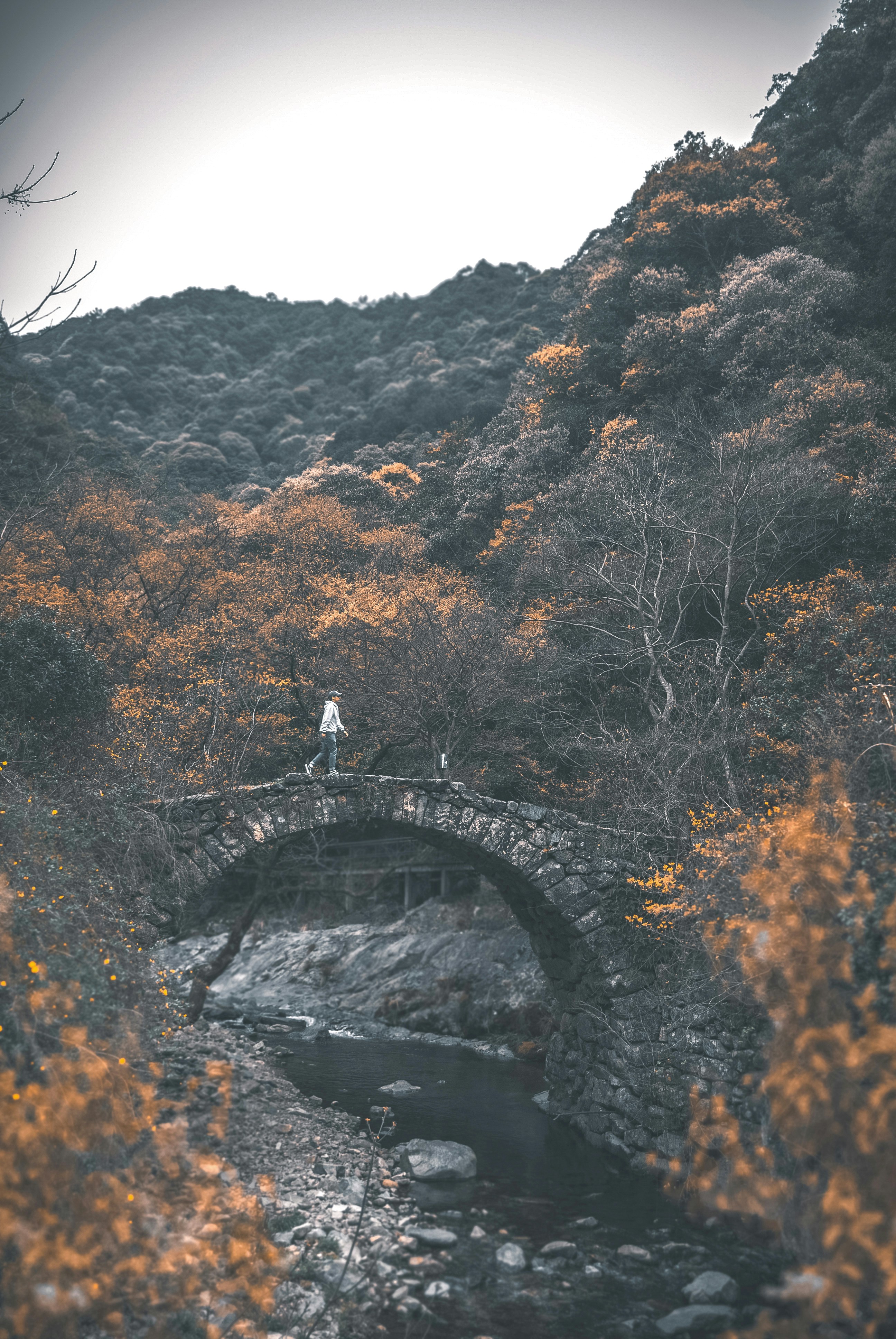 person walking on arch gray bridge during daytime