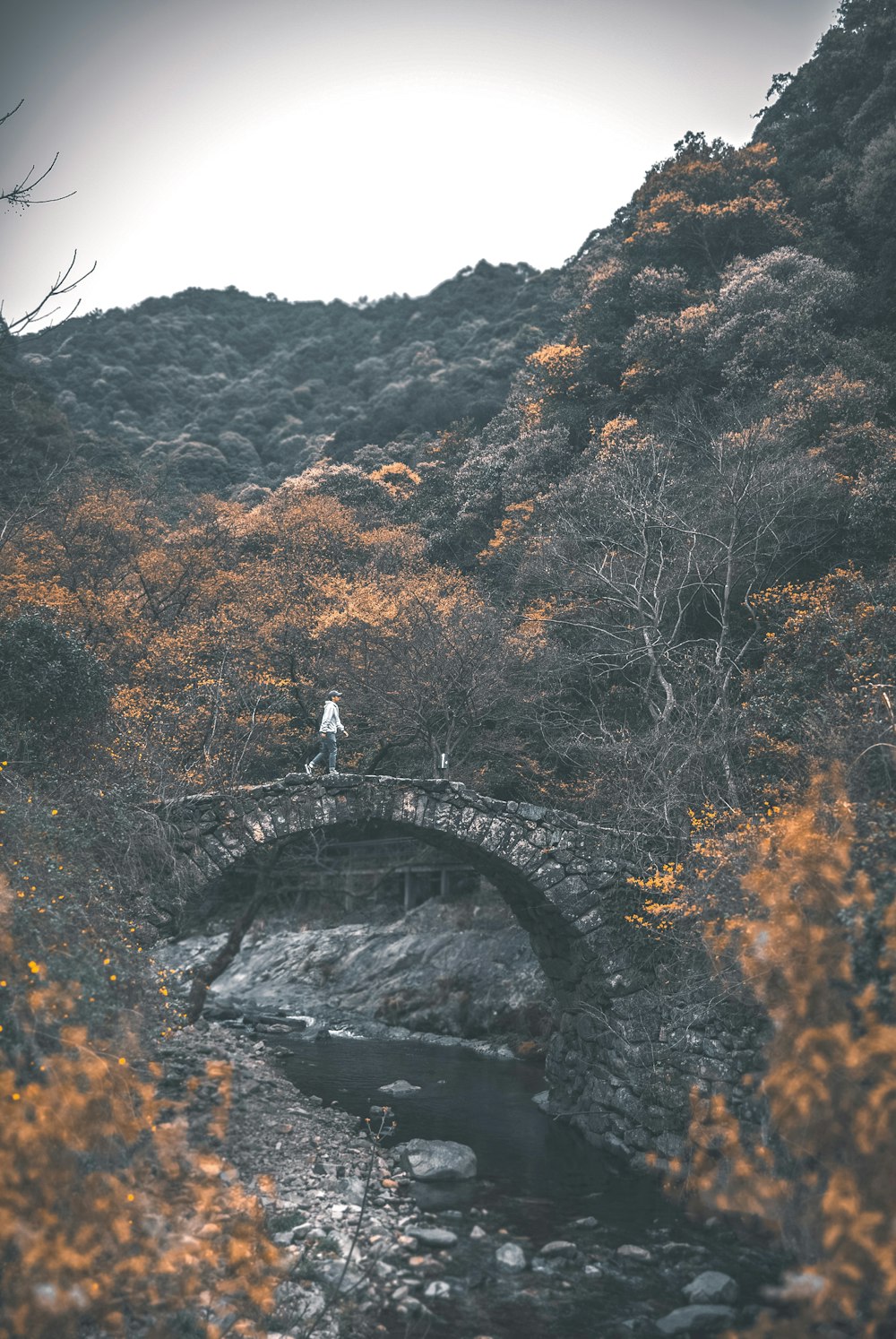 person walking on arch gray bridge during daytime