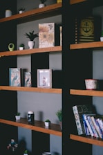 brown and black wooden shelf