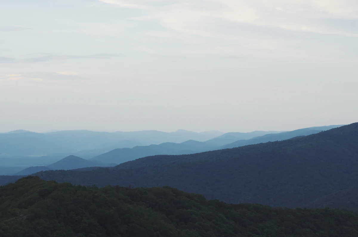 Layers of forested ridges fading into haze, seen from Reddish Knob