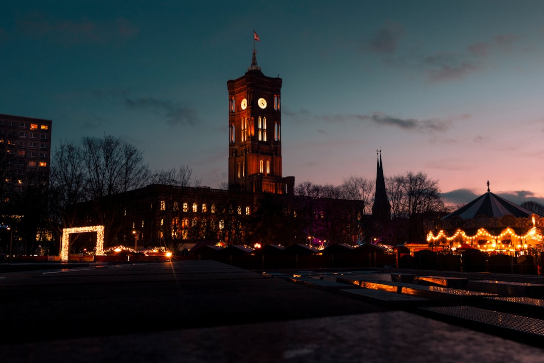 clock tower near mary-go-round during golden hour