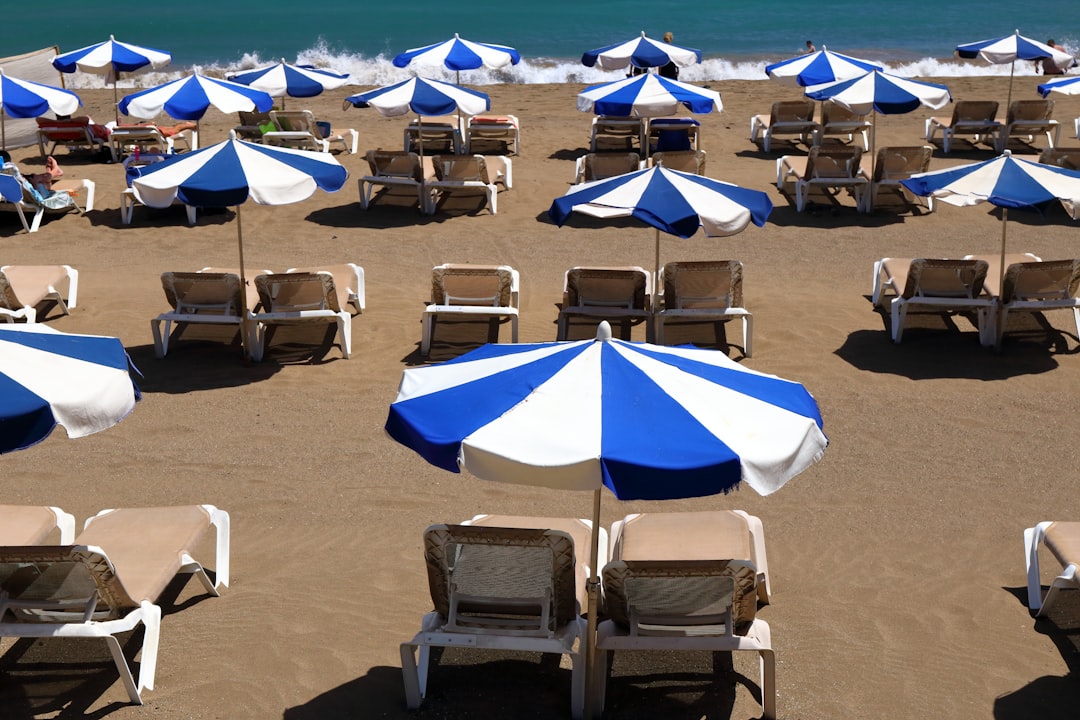 empty brown sea loungers with white-and-blue parasols during daytime