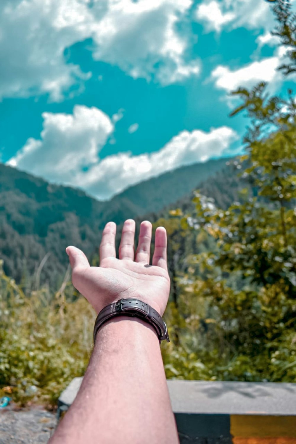 person wearing watch with leather strap