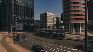 A sleek, futuristic cityscape of Monrovia with electric tricycles and smart logistics vehicles moving efficiently.